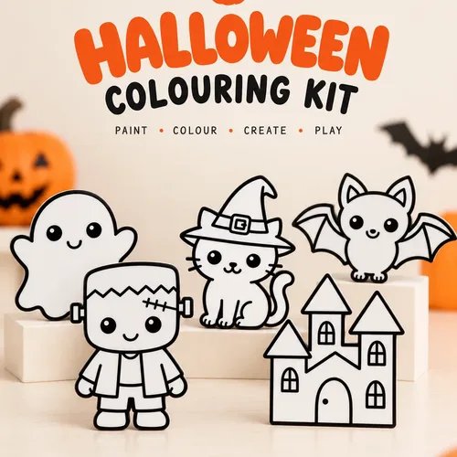Halloween colouring kit display with outlined seasonal characters
