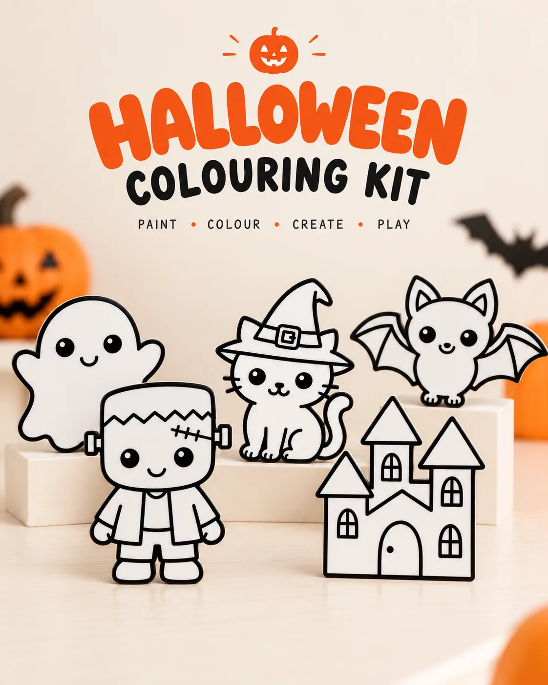 Halloween colouring kit display with outlined seasonal characters