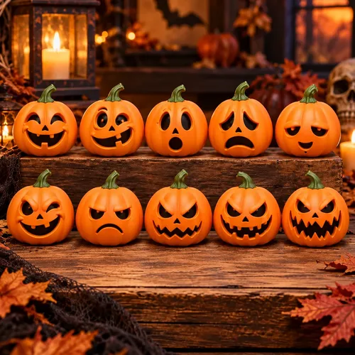 Row of expressive orange jack-o’-lantern pumpkin figurines