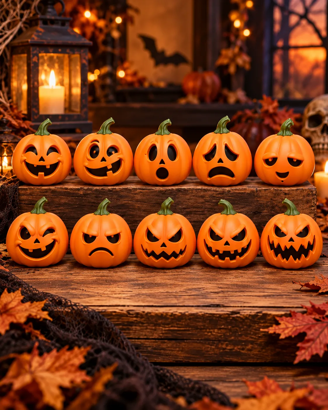Row of expressive orange jack-o’-lantern pumpkin figurines