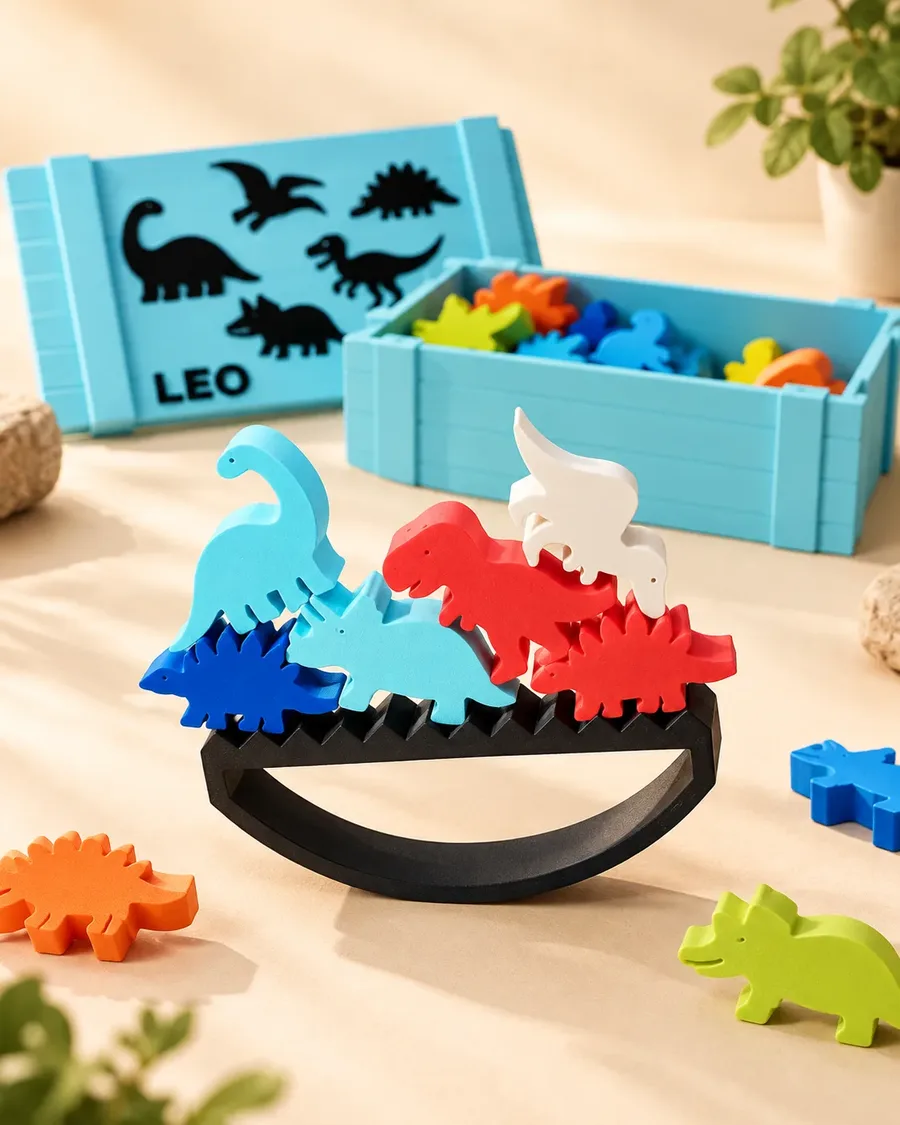 Colourful dinosaur balancing game set with bright dinosaur pieces, curved rocker and blue storage box