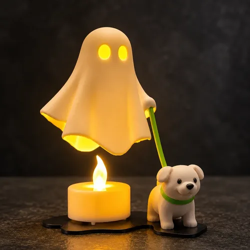 Glowing ghost lamp hanging from a black tree stand in a Halloween scene