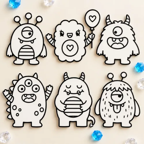 Six outlined cartoon monster colouring pieces
