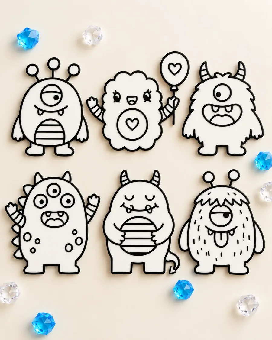Six outlined cartoon monster colouring pieces