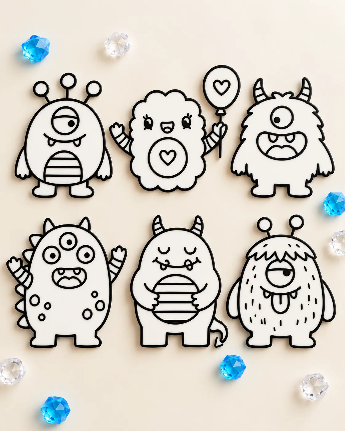Six outlined cartoon monster colouring pieces