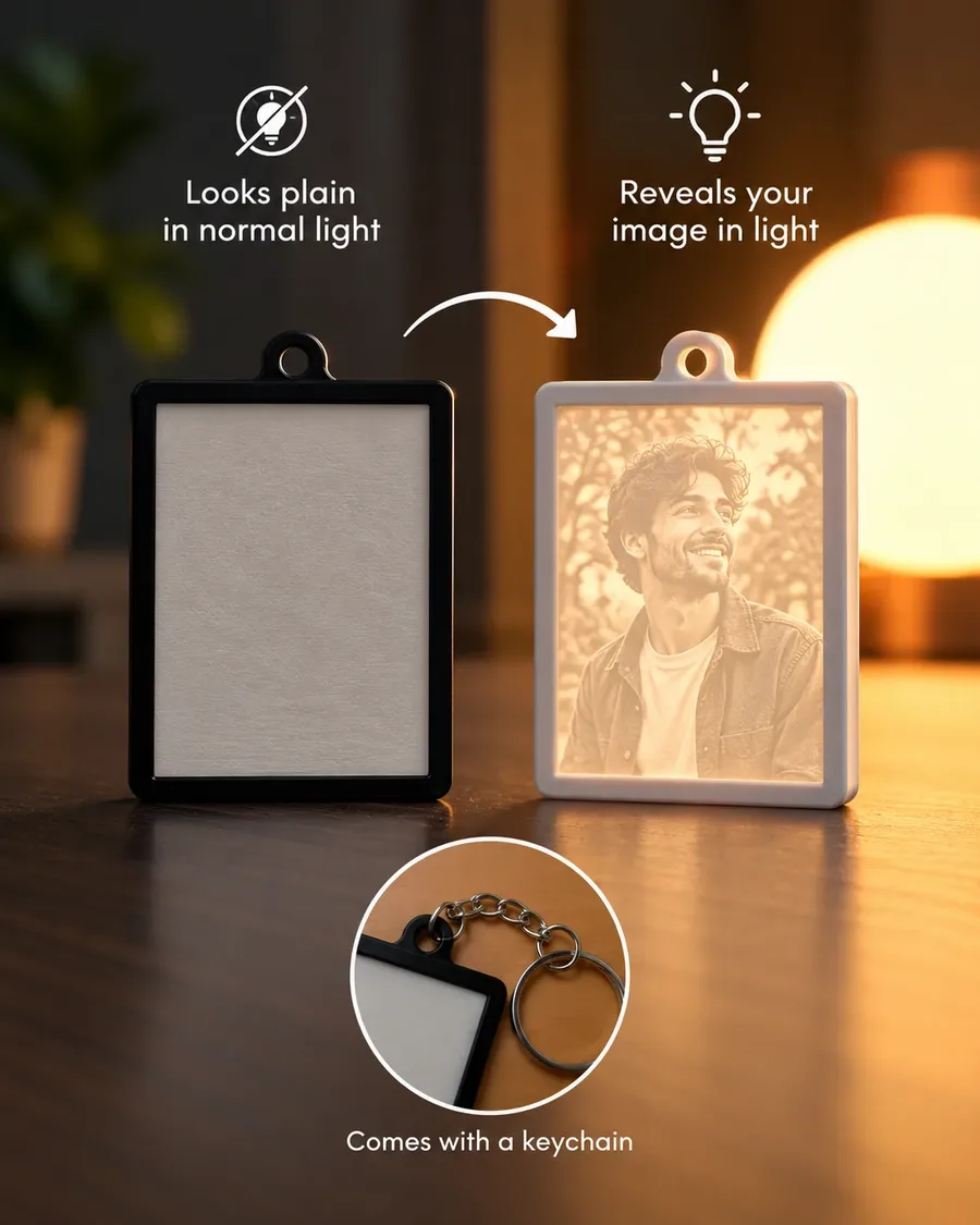 Lithophane photo keychain shown plain in normal light and revealing a portrait when illuminated