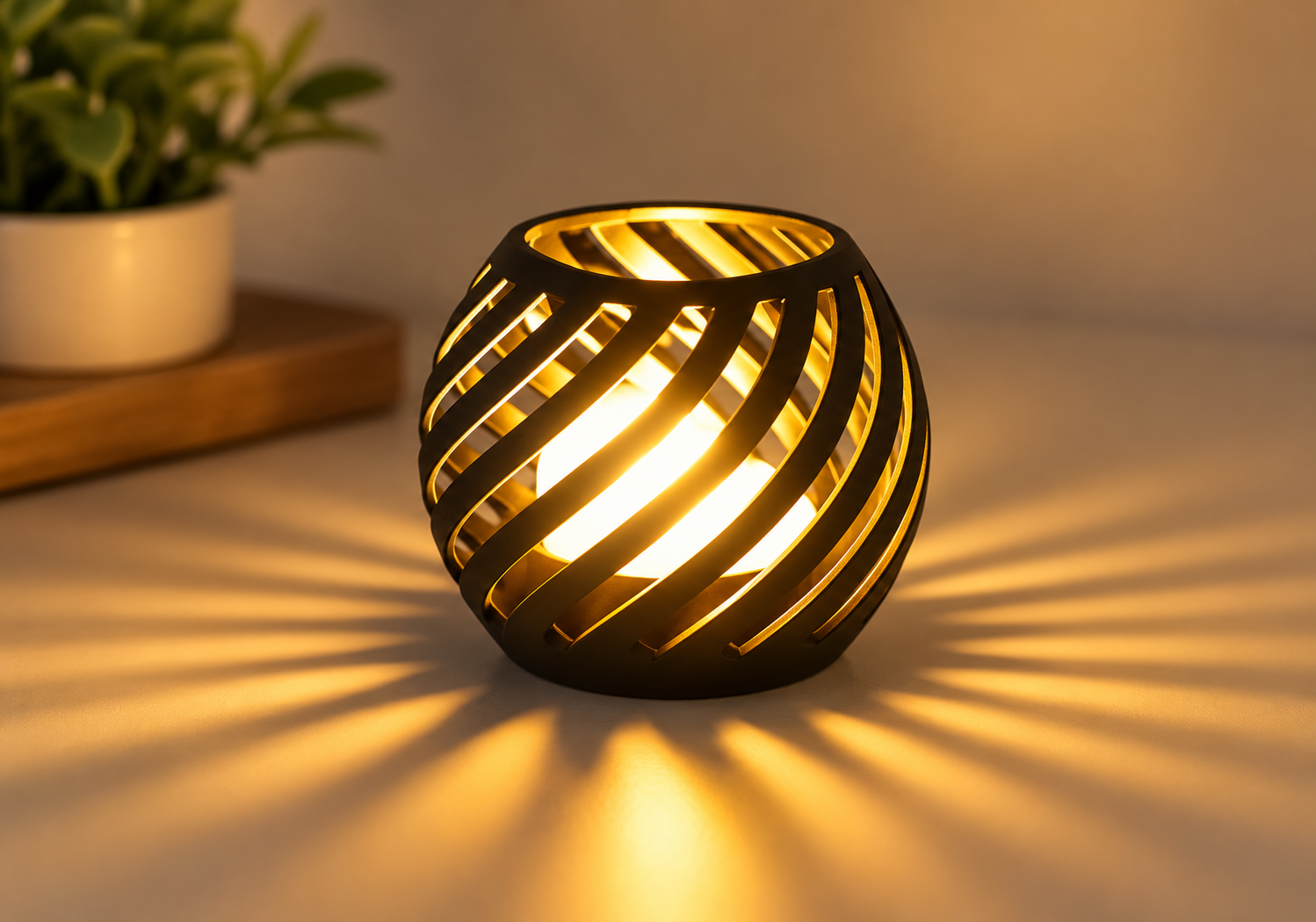 Black spiral-slat lantern glowing with warm light and casting striped shadows.