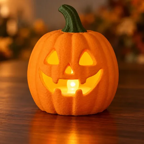 Orange jack-o’-lantern lamp glowing through its carved face
