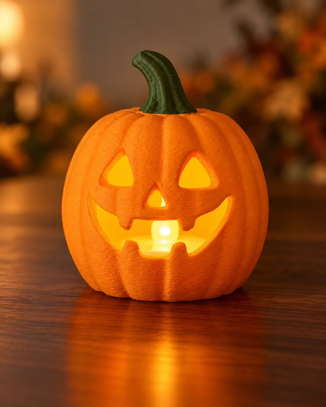 Orange jack-o’-lantern lamp glowing through its carved face