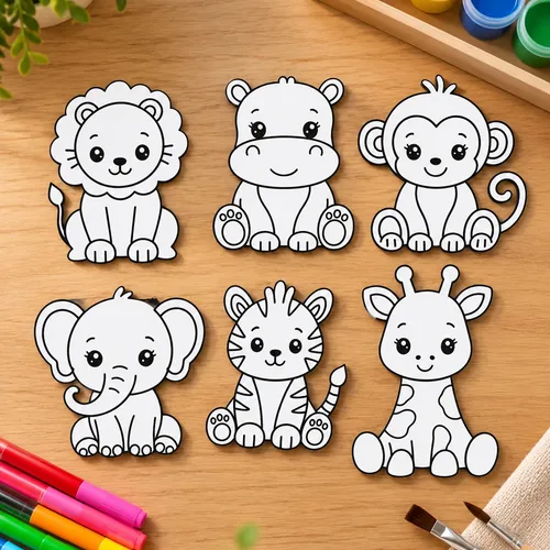 Six outlined animal colouring pieces with paints, markers, and brushes