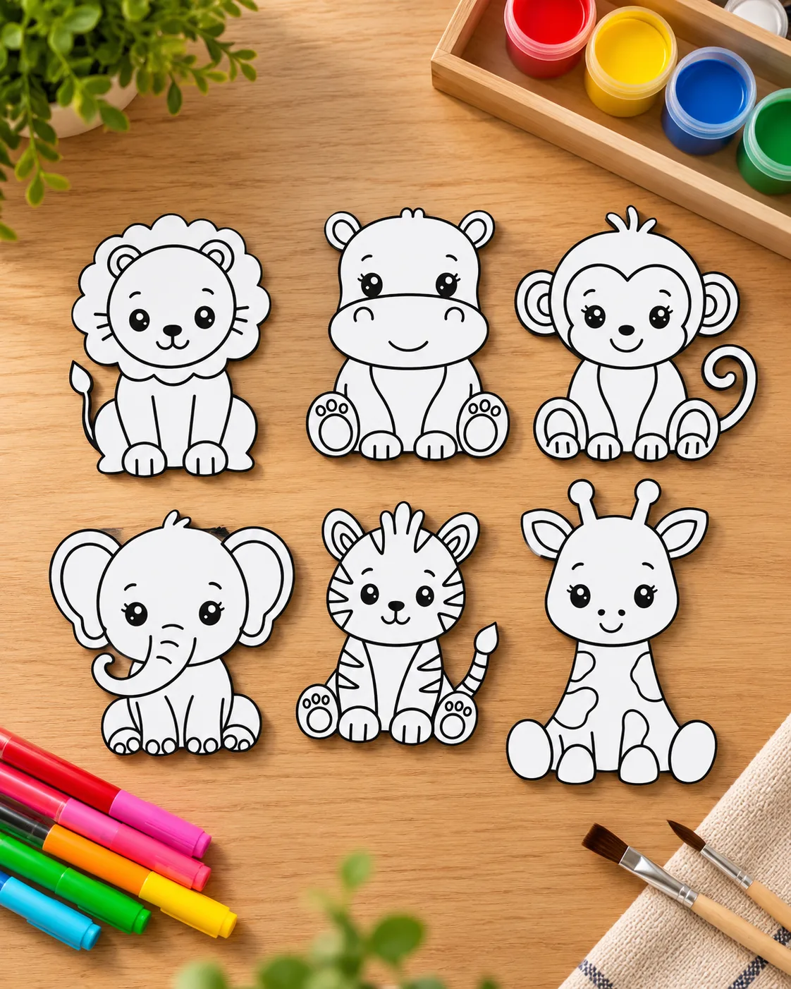 Six outlined animal colouring pieces with paints, markers, and brushes