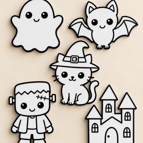 Outlined kawaii Halloween characters including ghost, bat, cat, and castle