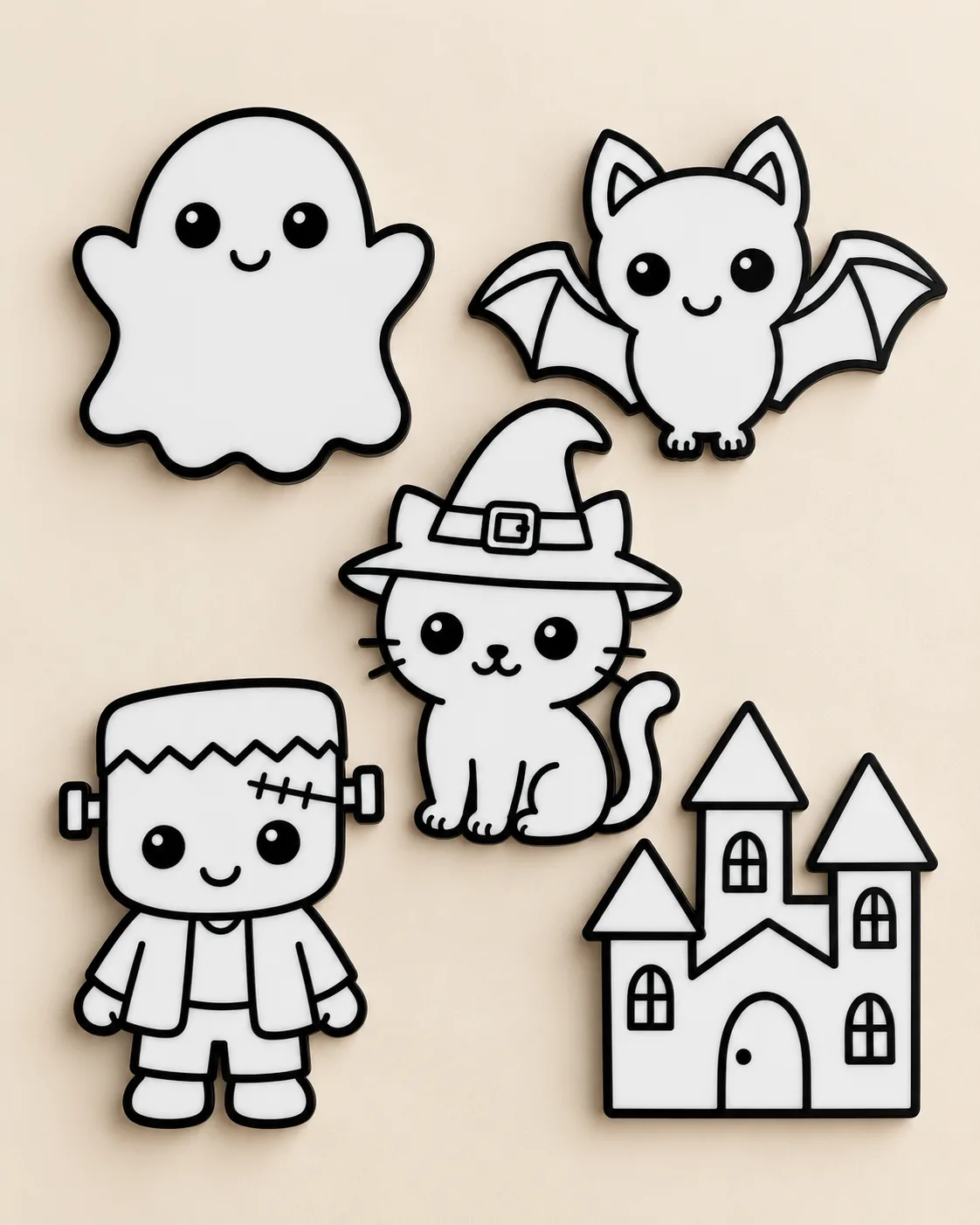 Outlined kawaii Halloween characters including ghost, bat, cat, and castle