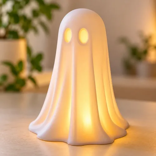 Ghost-shaped lamp glowing with warm amber light