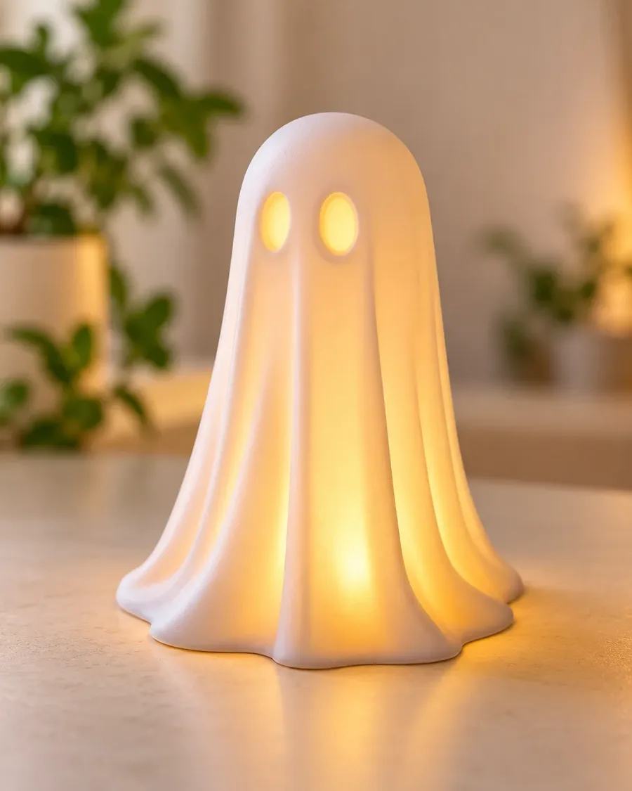 Ghost-shaped lamp glowing with warm amber light