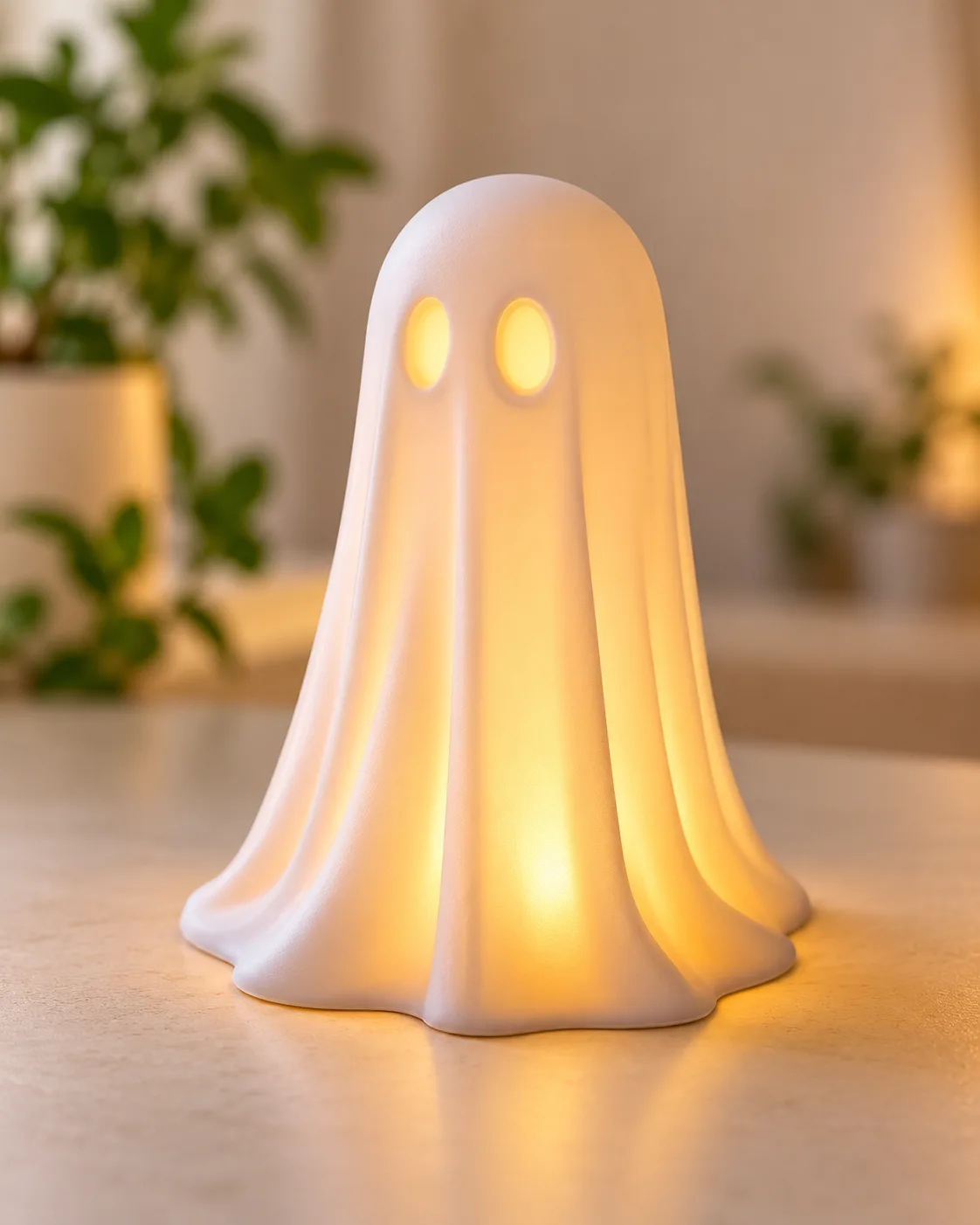 Ghost-shaped lamp glowing with warm amber light