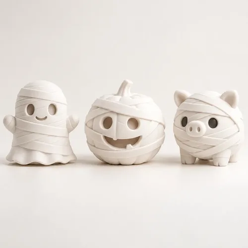Three white Halloween figurines styled as a mummy, pumpkin, and pig