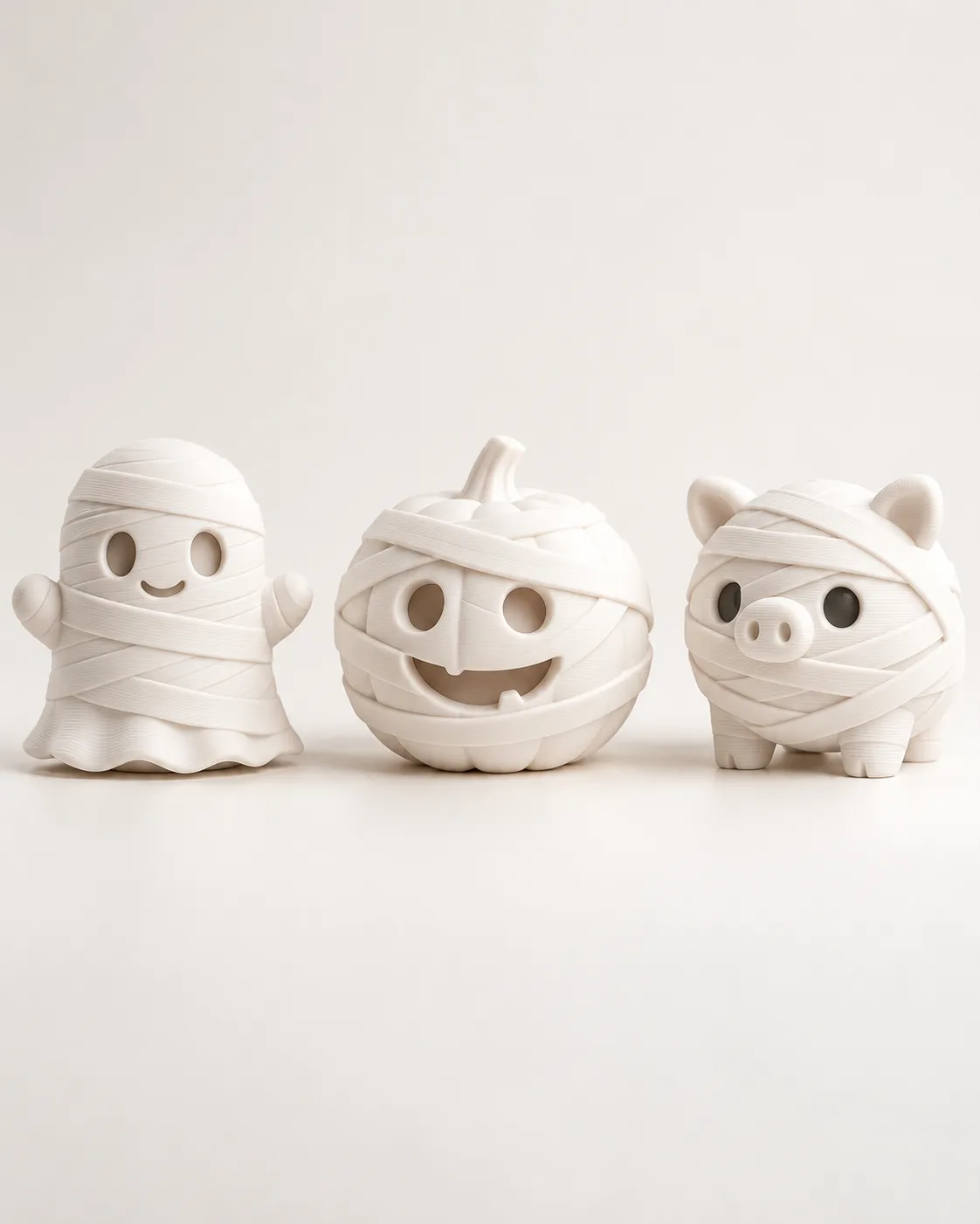 Three white Halloween figurines styled as a mummy, pumpkin, and pig
