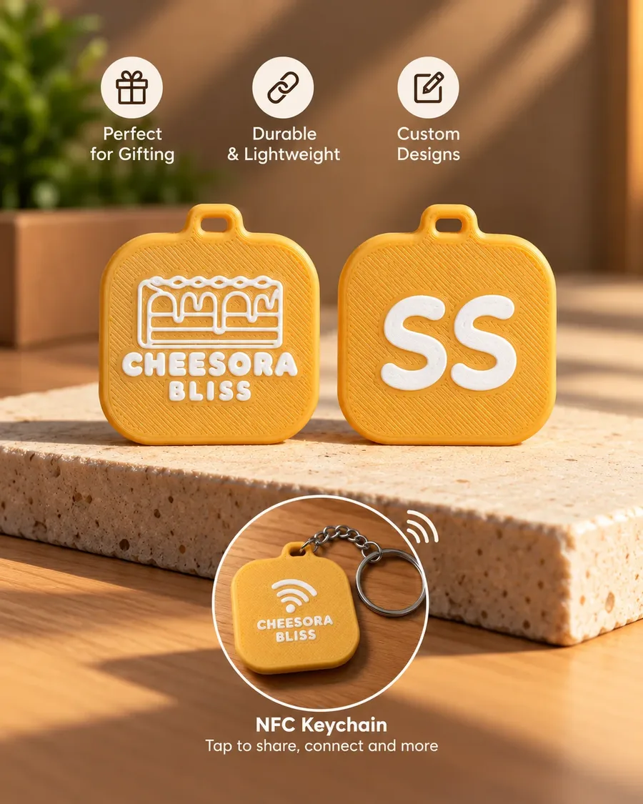 Custom yellow NFC keychains with personalised raised designs and matching key ring