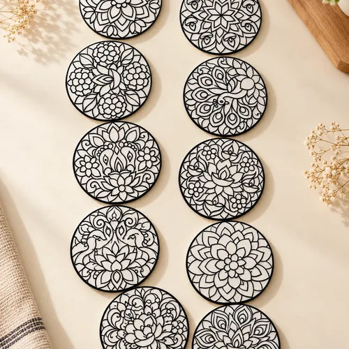 Set of round outlined mandala coaster designs