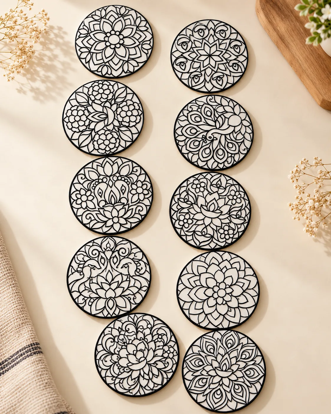Set of round outlined mandala coaster designs