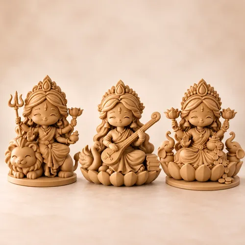 Three warm clay-tone goddess idols: Durga with a lion, Saraswati holding a veena, and Lakshmi seated on a lotus