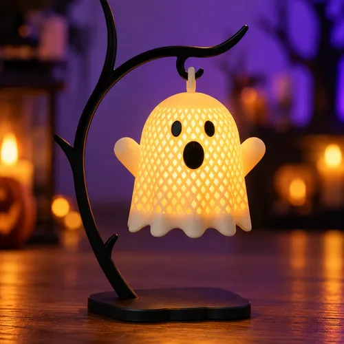 Glowing ghost lamp with a patterned shade on a black tree stand