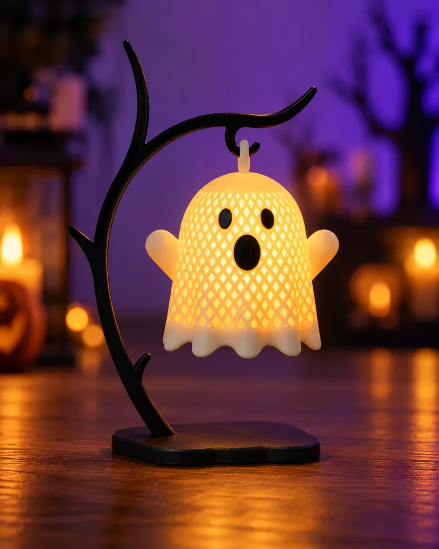 Glowing ghost lamp with a patterned shade on a black tree stand